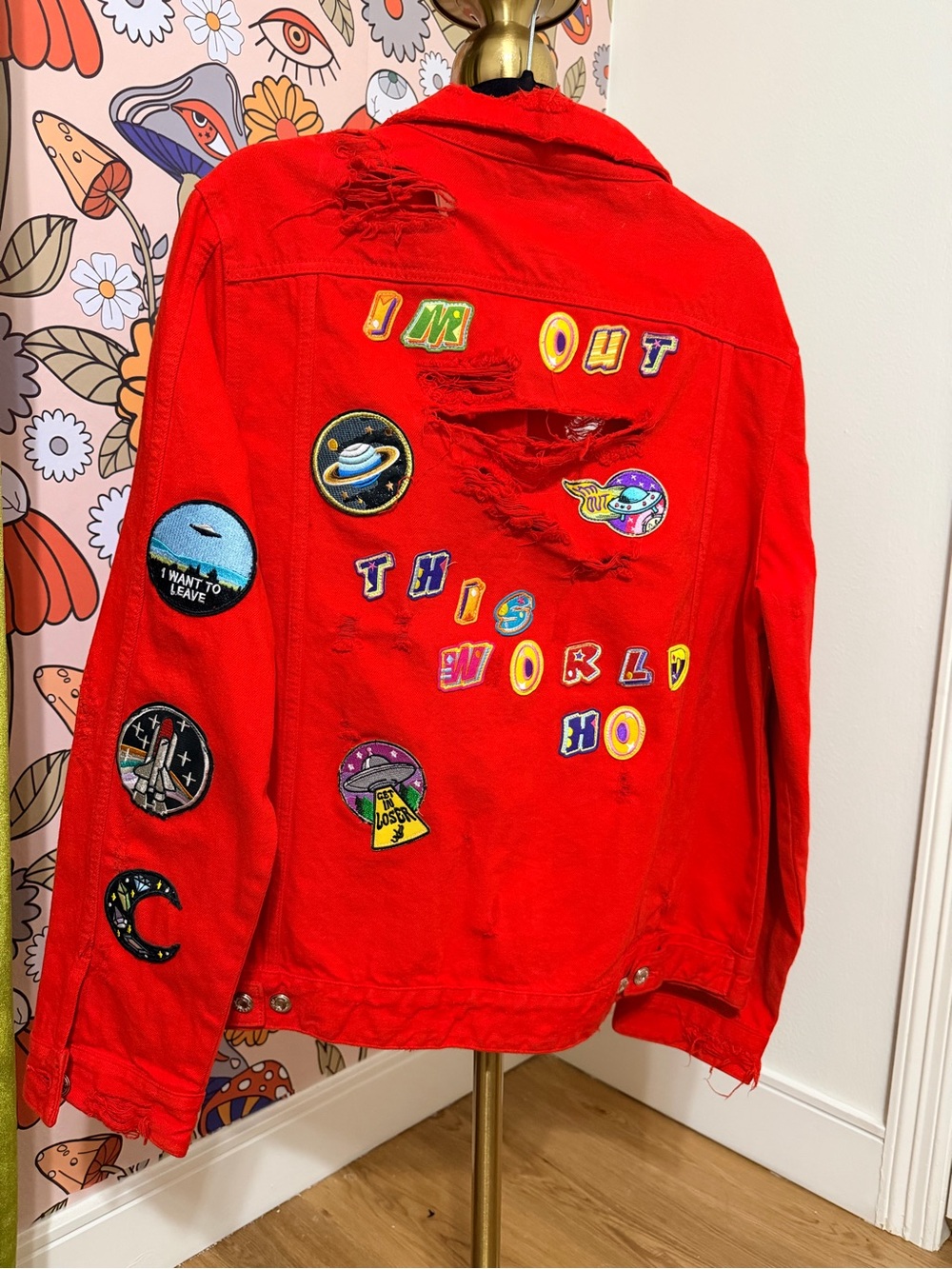 Zara Red Distressed Patchwork Denim Jacket